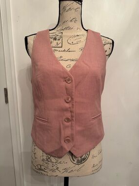 Rose Pink Button-Front Linen Blend Vest